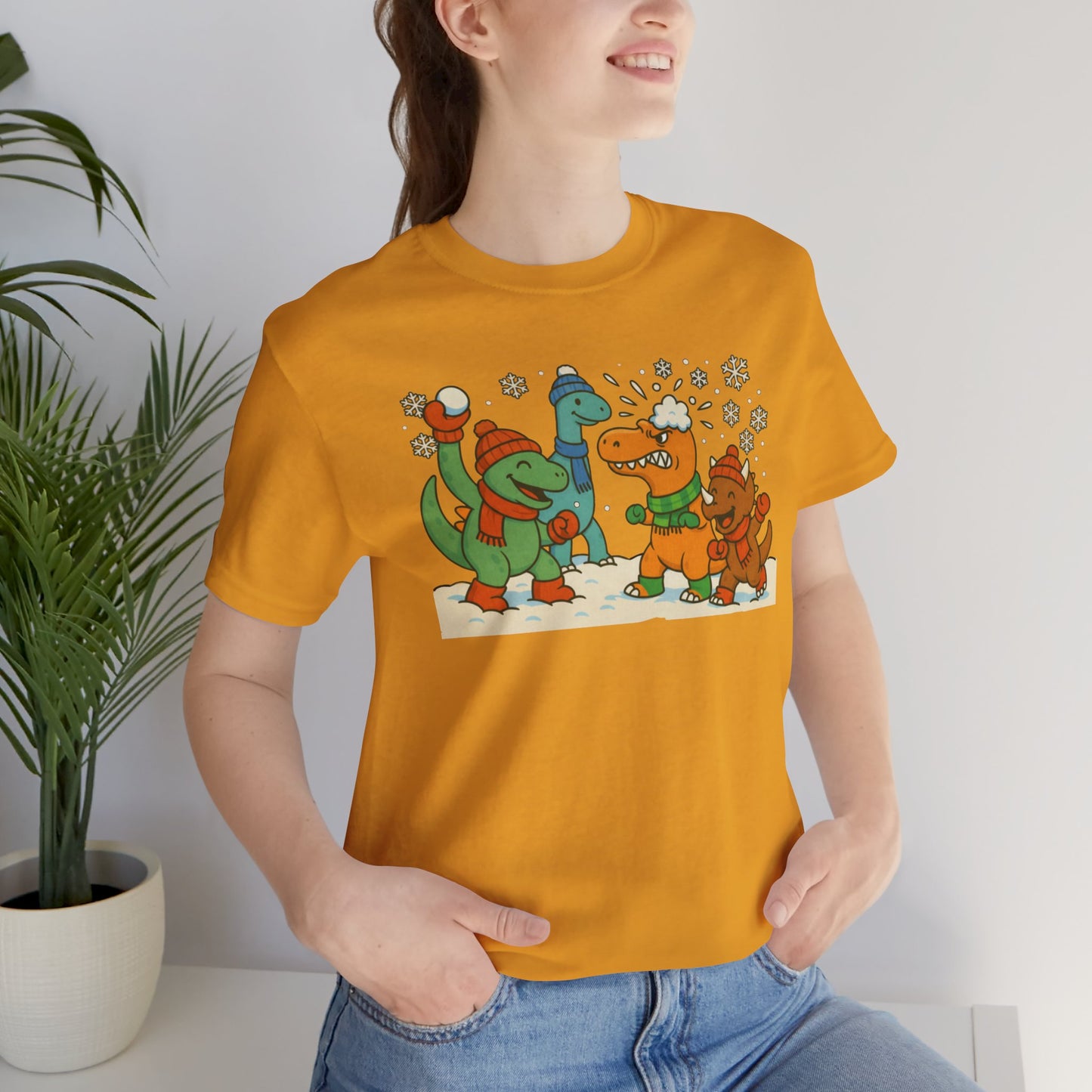 Dinosaur Snowball Fight T-Shirt – Funny Winter Dino Graphic Tee