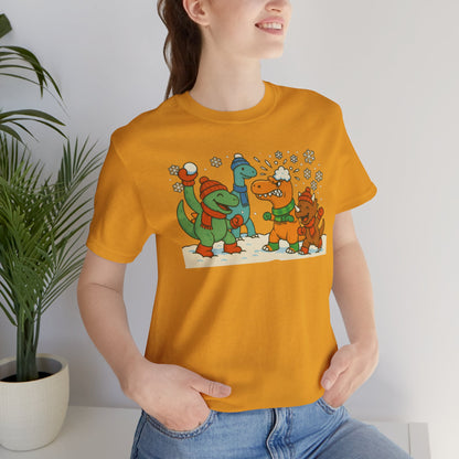 Dinosaur Snowball Fight T-Shirt – Funny Winter Dino Graphic Tee