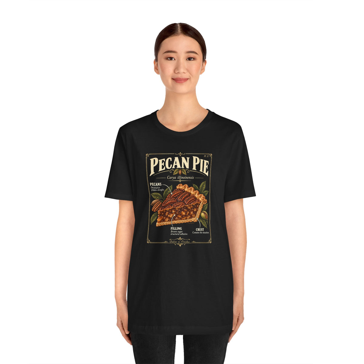 Black pecan pie graphic T-shirt with vintage chest illustration, crew neck short sleeves