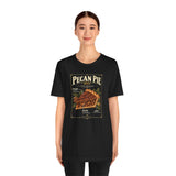 Black pecan pie graphic T-shirt with vintage chest illustration, crew neck short sleeves