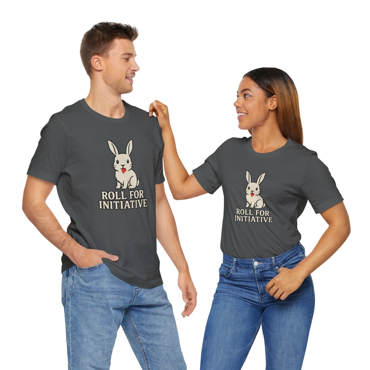 Two dark gray t-shirts featuring rabbit graphic and "ROLL FOR INITIATIVE"