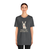 Dark gray t-shirt on model with rabbit graphic and 