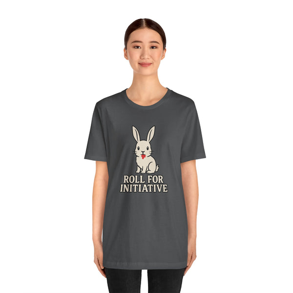 Dark gray t-shirt on model with rabbit graphic and "ROLL FOR INITIATIVE"