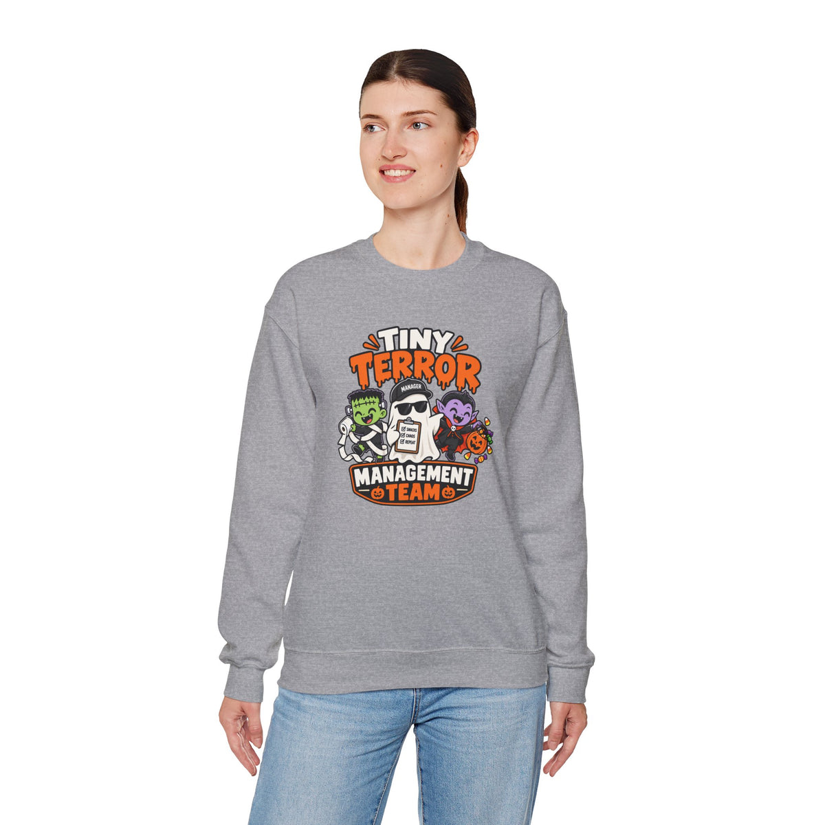 Tiny Terror Management Team Sweatshirt – Funny Halloween Parent Crewneck