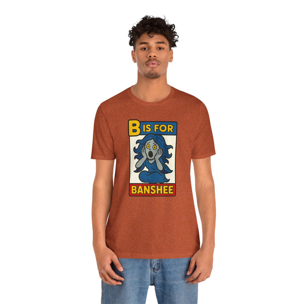 Rust brown T-shirt with “B is for Banshee” front character graphic