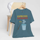 Teal heather crew-neck T-shirt with ESPRESSO PATRONUM coffee graphic, laid on hanger