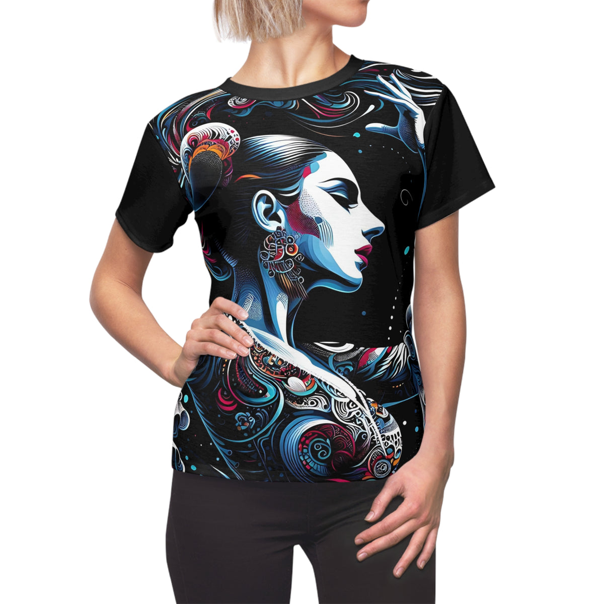 Black crew-neck t-shirt with large blue and white woman portrait graphic and swirl details