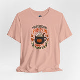 Light pink crewneck t-shirt with colorful pumpkin-spice 
