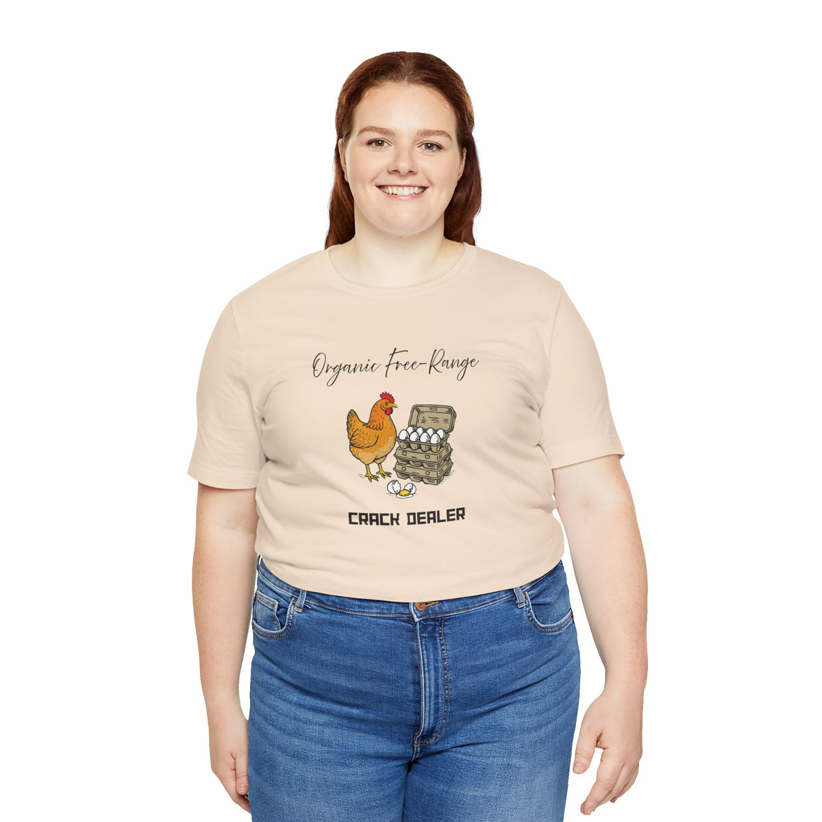 Light beige chicken graphic T-shirt with 'Organic free-Range' and 'CRACK DEALER' on model