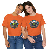 Two orange crew-neck T-shirts with Family IT Department logo graphics