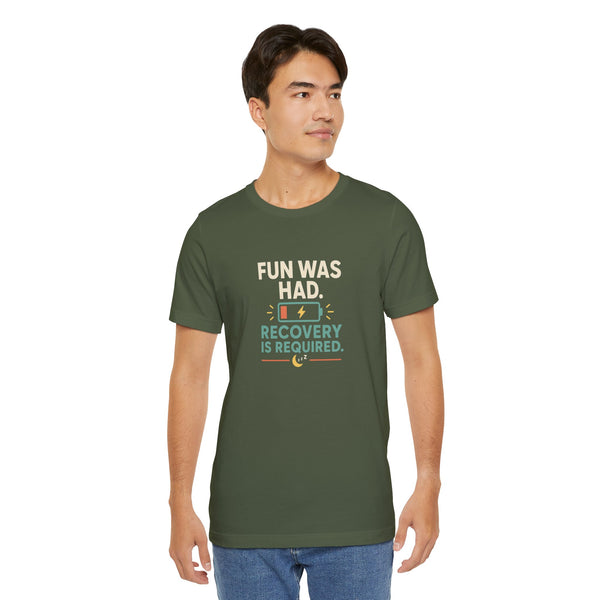 Dark green crew-neck t-shirt with front “recovery is required” graphic.