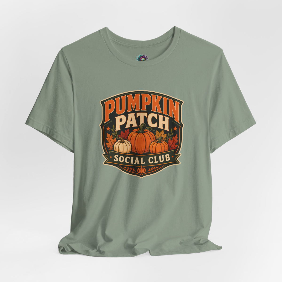 Olive green crewneck T-shirt with Pumpkin Patch Social Club pumpkin graphic