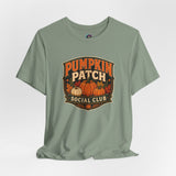Olive green crewneck T-shirt with Pumpkin Patch Social Club pumpkin graphic