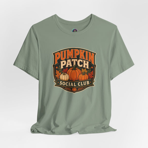 Olive green crewneck T-shirt with Pumpkin Patch Social Club pumpkin graphic