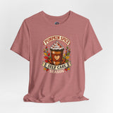 Rose crew-neck T-shirt with Pumpkin Spice Self Care Season graphic centered.