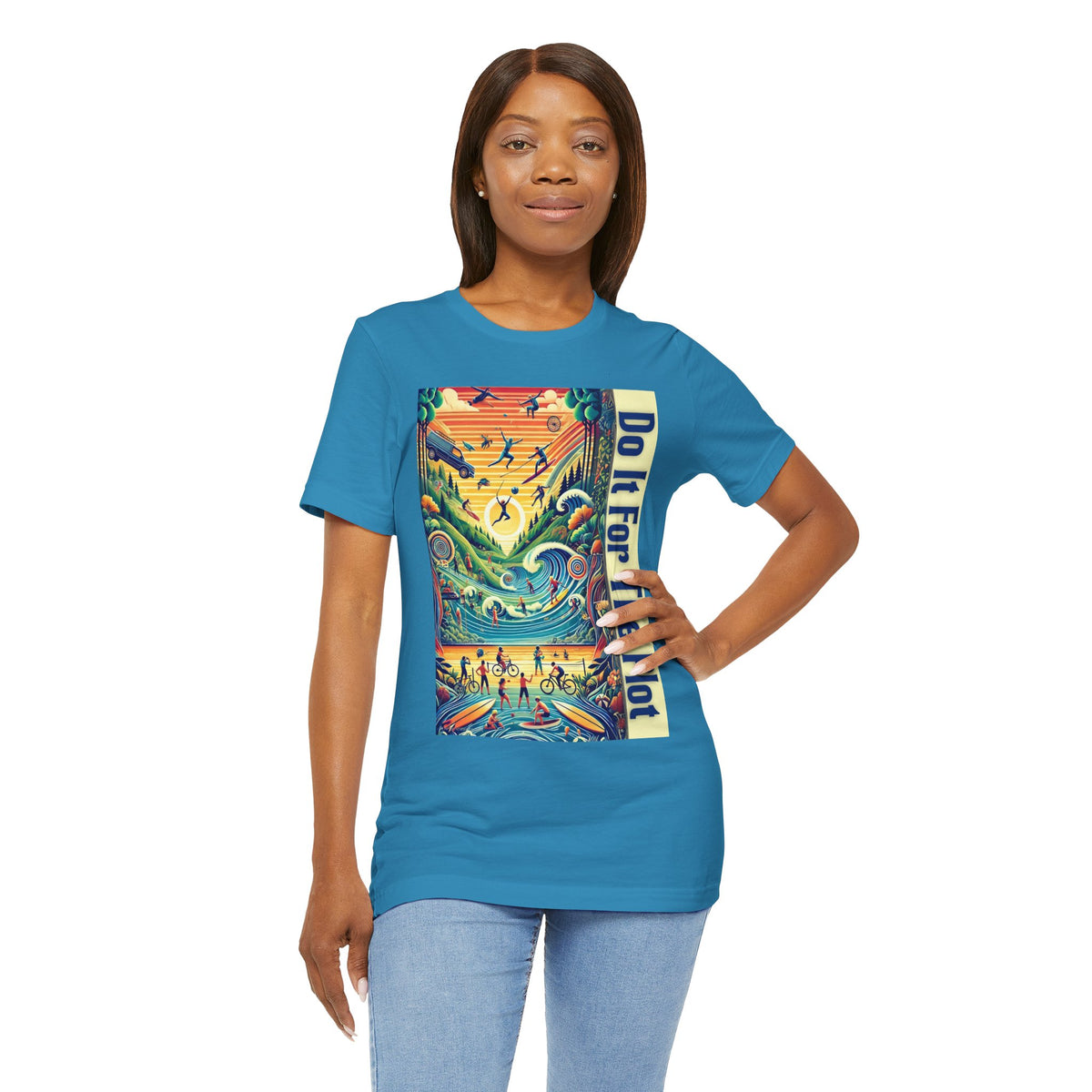 Aqua crewneck t-shirt with colorful "Do It For The Plot" front graphic
