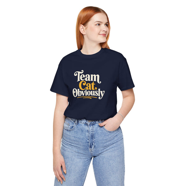 Navy crewneck T-shirt with front “Team Cat, Obviously” cat-lover graphic.