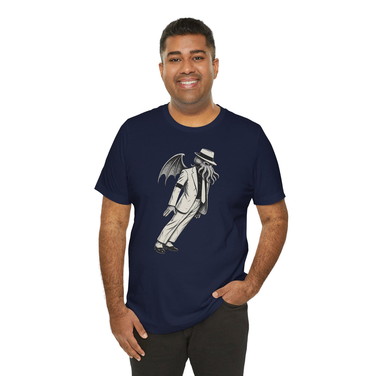 Navy short-sleeve T-shirt with front graphic of a character holding a top hat