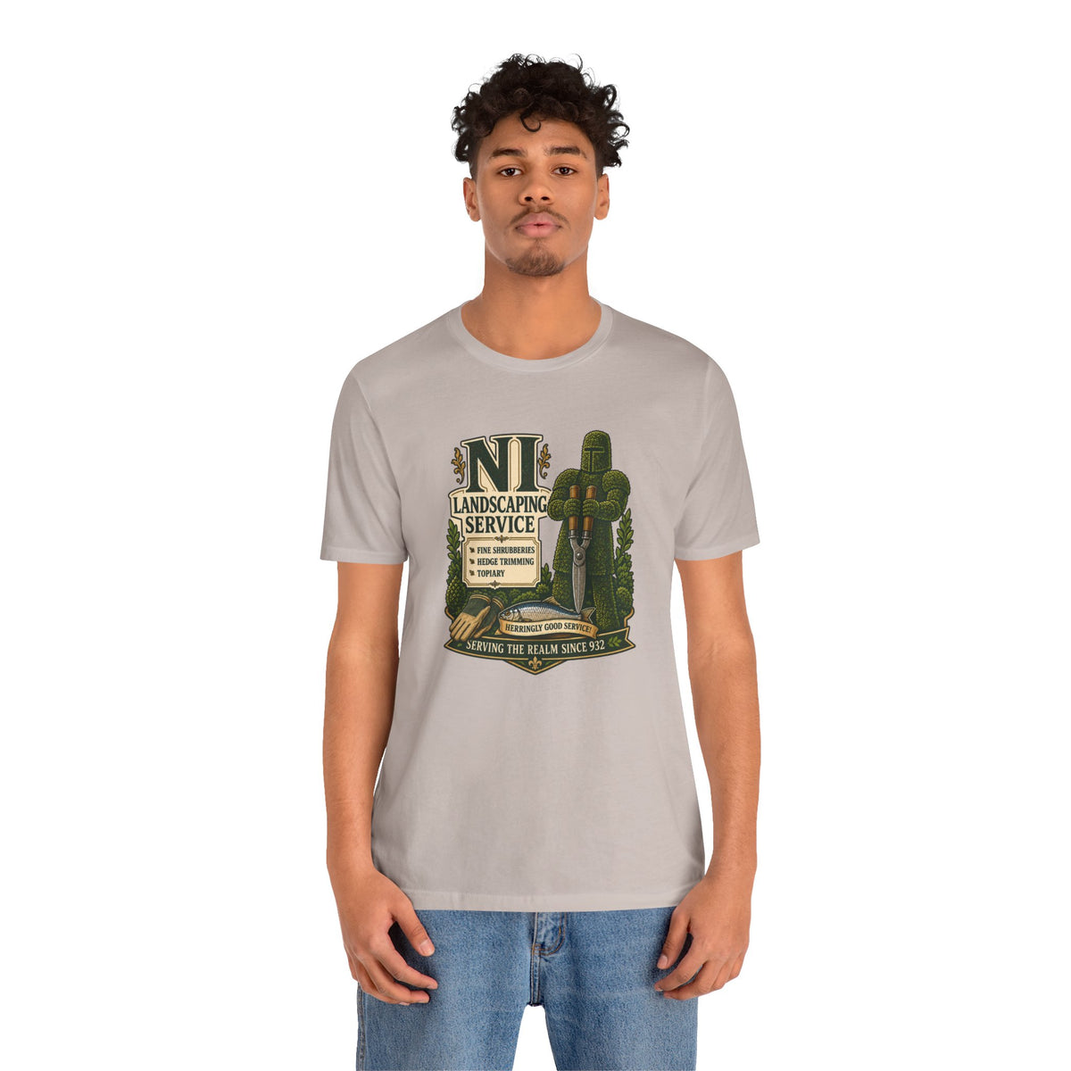Light heather gray crew-neck t-shirt with green landscaping service graphic on chest
