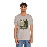 Light heather gray crew-neck t-shirt with green landscaping service graphic on chest
