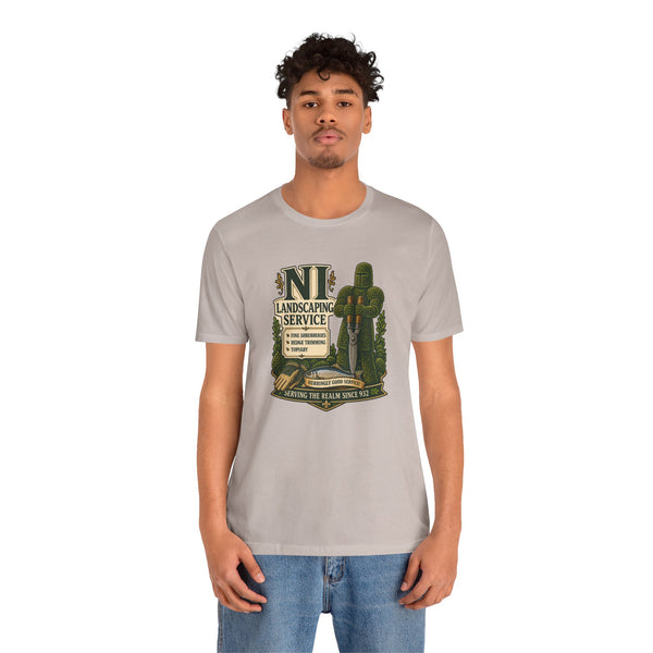Light heather gray crew-neck t-shirt with green landscaping service graphic on chest