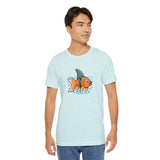Light blue T-shirt with orange fish scuba graphic in the center