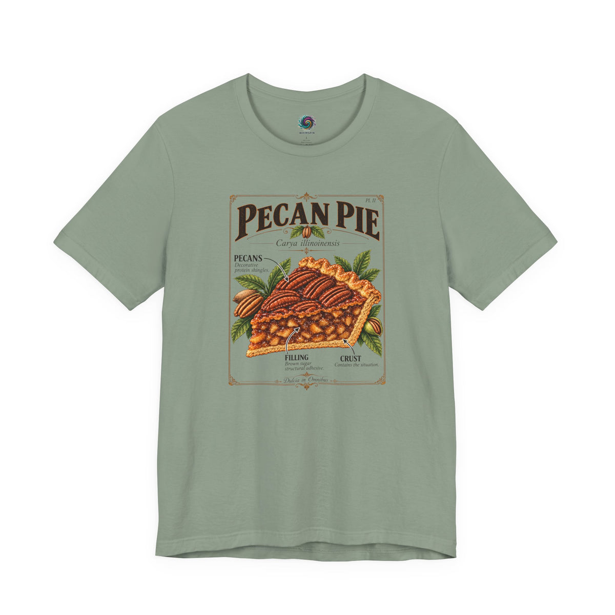 Sage green pecan pie graphic T-shirt with front illustration and crew neck
