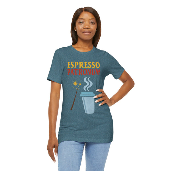 Teal heather crew-neck T-shirt with ESPRESSO PATRONUM coffee graphic, hand on hip