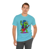 Turquoise crew-neck graphic t-shirt with punk triceratops red electric guitar front print