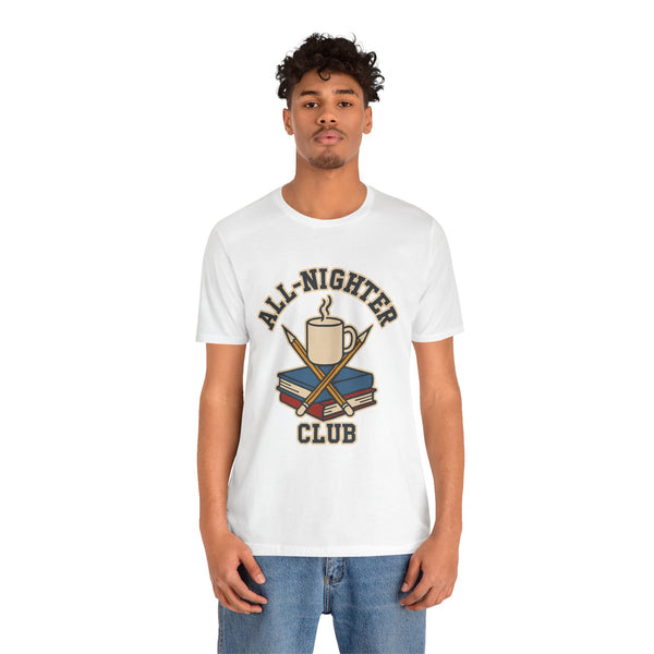 White short-sleeve t-shirt with front “All-Nighter Club” coffee and books print