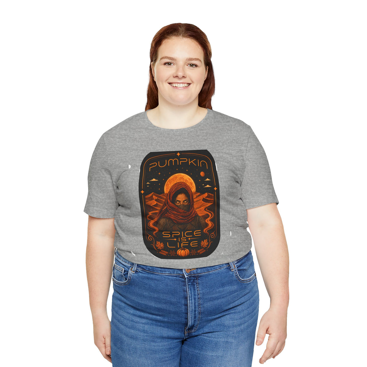 Heather gray crewneck T-shirt with pumpkin astronaut graphic, front view on model