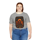 Heather gray crewneck T-shirt with pumpkin astronaut graphic, front view on model