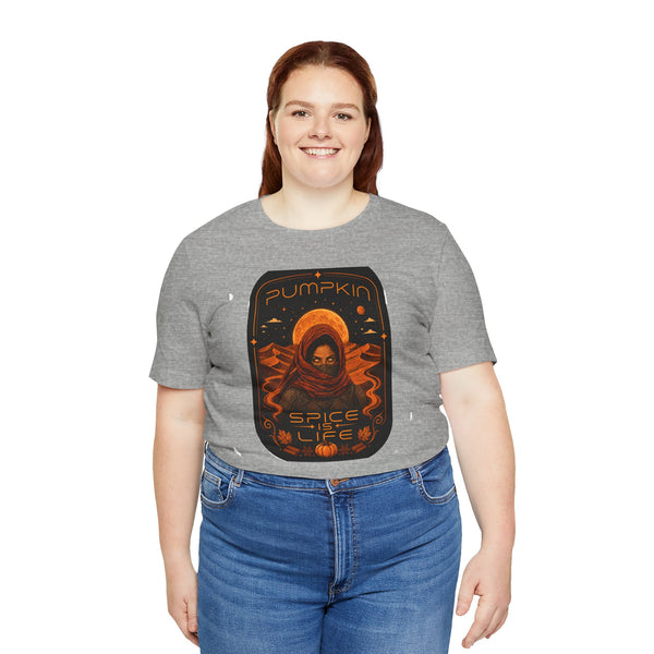 Heather gray crewneck T-shirt with pumpkin astronaut graphic, front view on model