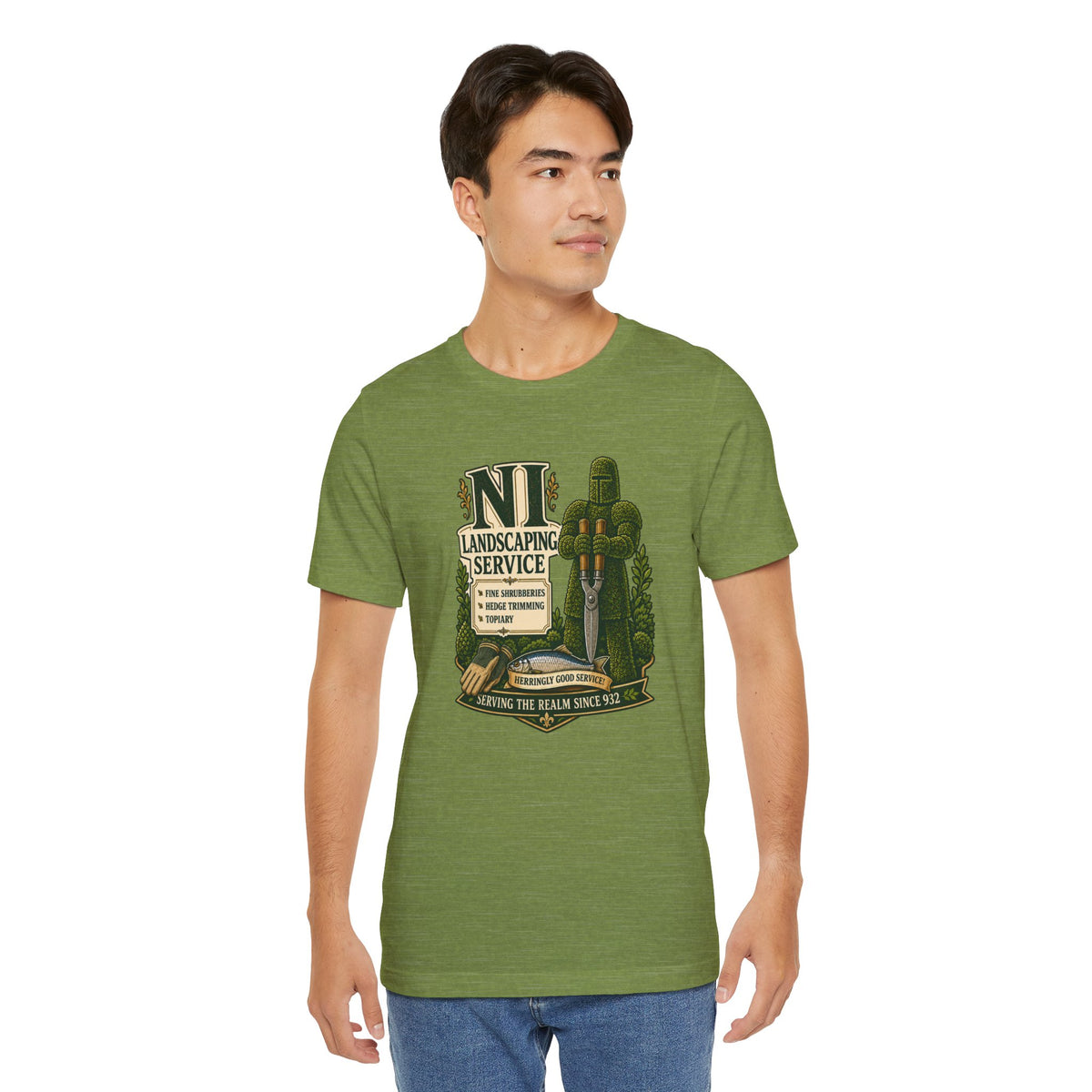 Green crewneck T-shirt with NL landscaping service logo graphic at center front