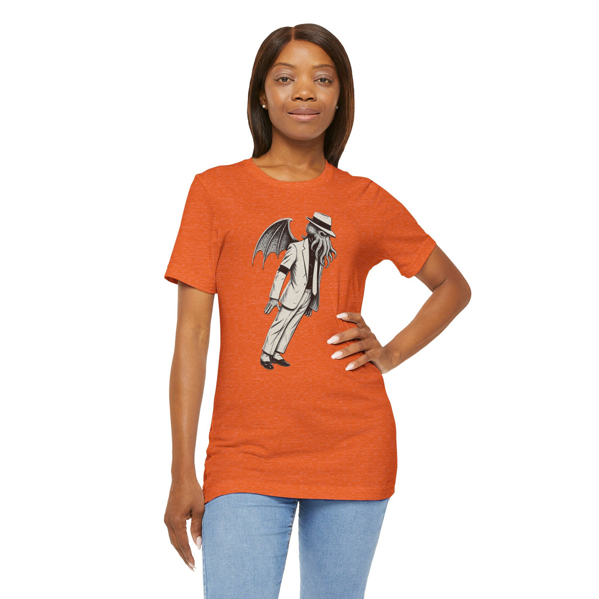 Orange crewneck T-shirt with character graphic on the chest
