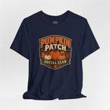 Navy crewneck T-shirt with Pumpkin Patch Social Club pumpkin badge graphic