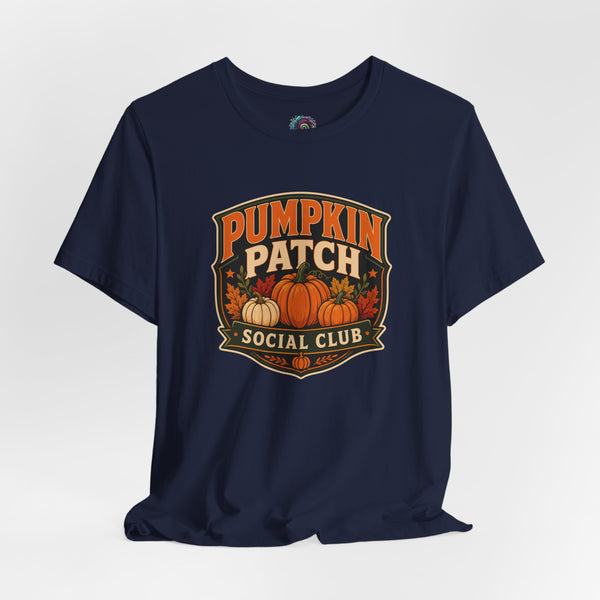 Navy crewneck T-shirt with Pumpkin Patch Social Club pumpkin badge graphic