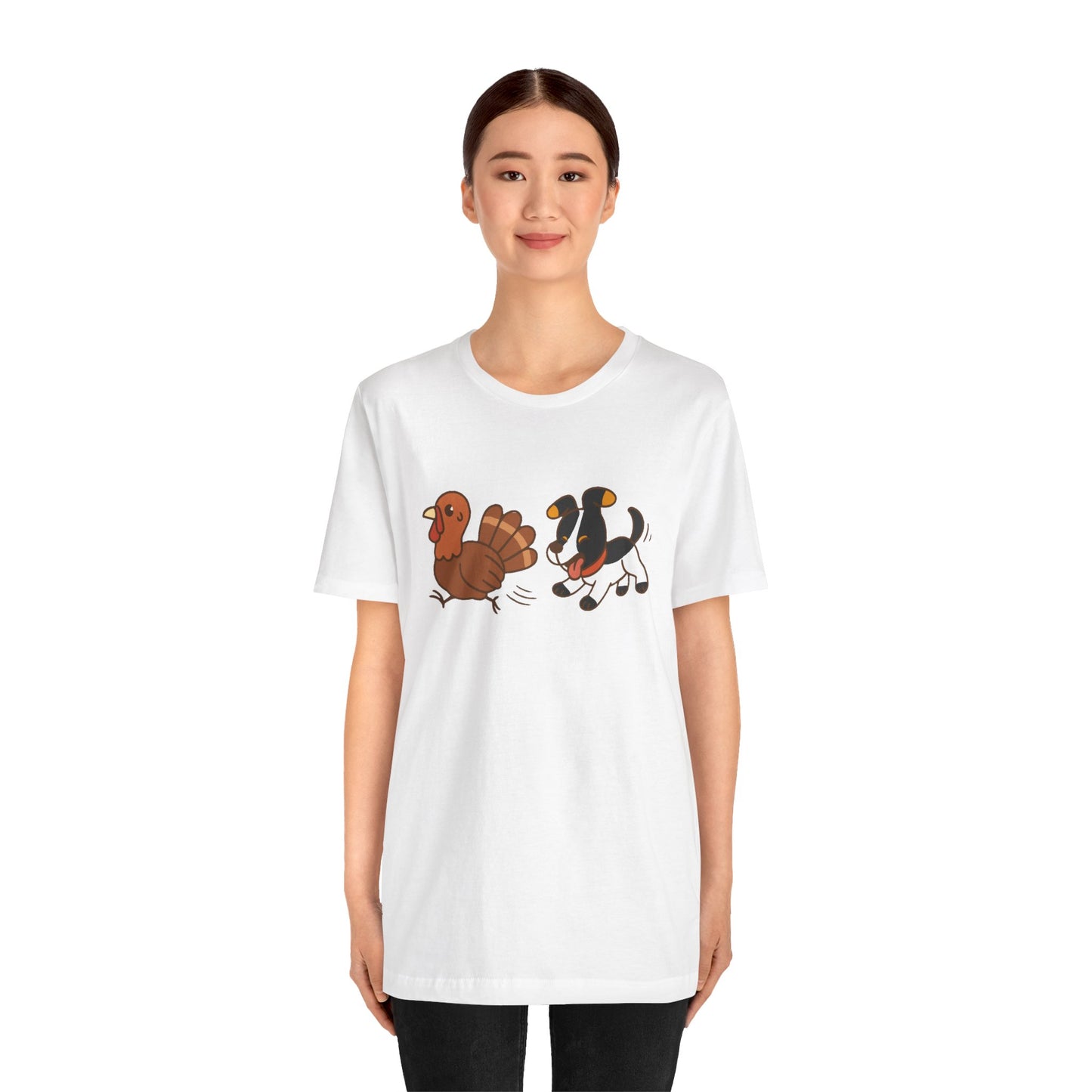 Dog Chasing Turkey T-Shirt – Funny Thanksgiving Dog Tee