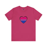 Berry pink bisexual pride heart graphic T-shirt with pink and blue heart design