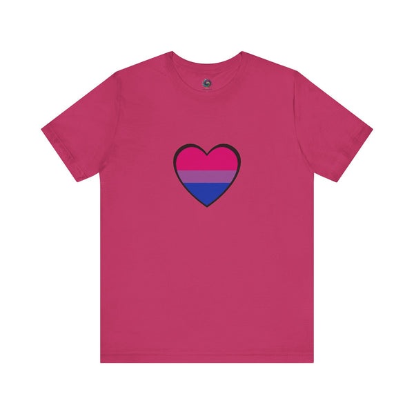 Berry pink bisexual pride heart graphic T-shirt with pink and blue heart design
