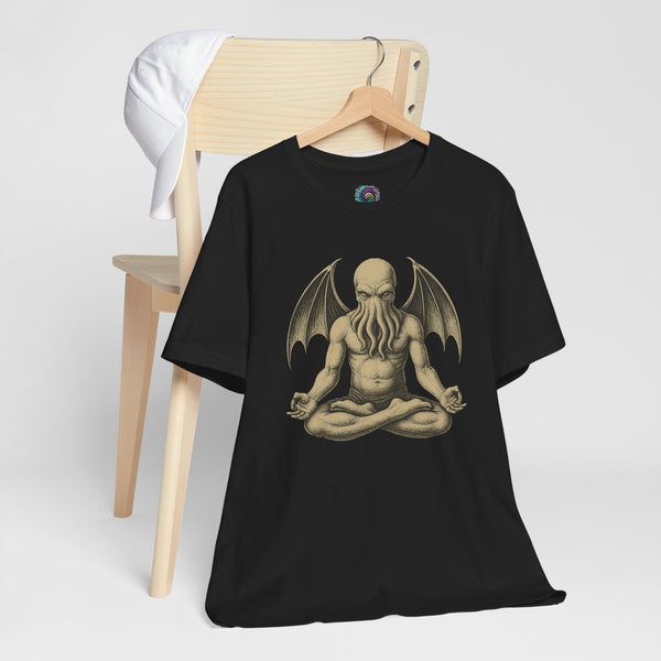 Black unisex crewneck T-shirt with meditating Cthulhu graphic on the chest