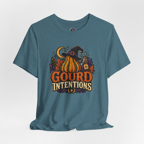 Heather deep teal crewneck t-shirt with colorful witchy pumpkin “Gourd Intentions” graphic