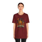 Burgundy crew-neck T-shirt with pumpkin and witch graphic on the center chest