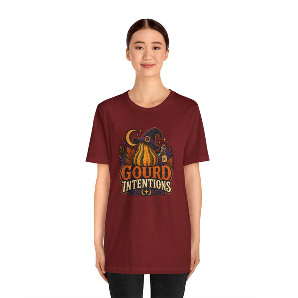Burgundy crew-neck T-shirt with pumpkin and witch graphic on the center chest