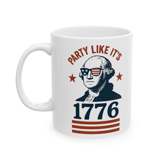 White ceramic mug with "party like it's 1776" and George Washington wearing sunglasses