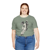 Sage green crew-neck T-shirt, front graphic shows top-hat figure with wings