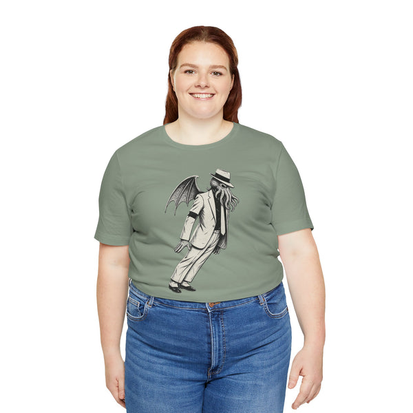 Sage green crew-neck T-shirt, front graphic shows top-hat figure with wings