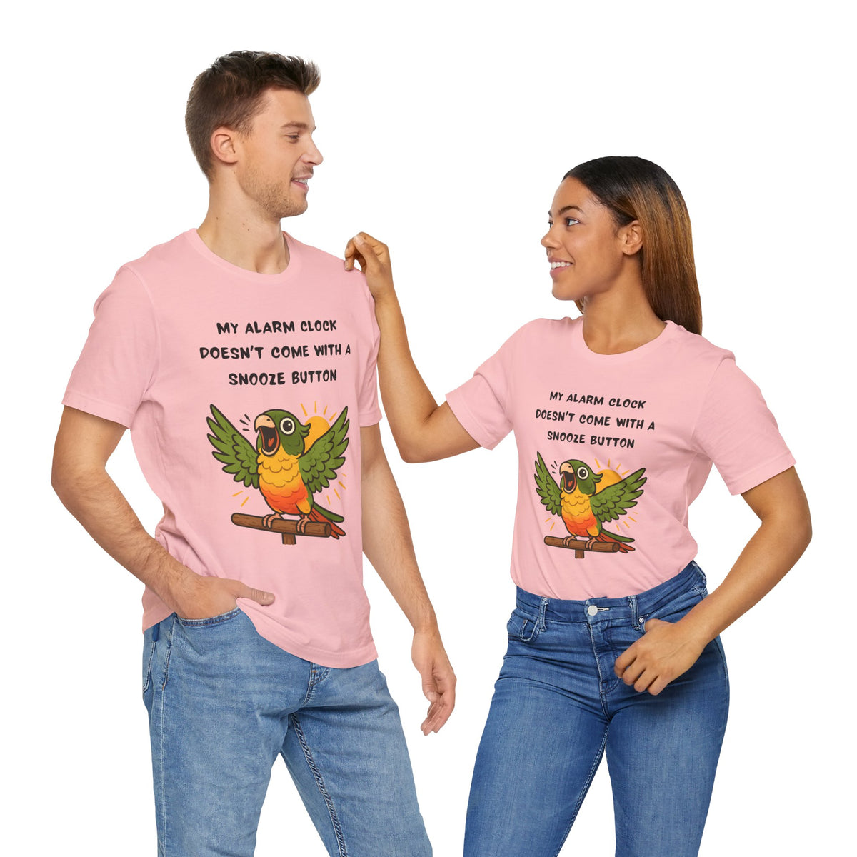 Pink parrot alarm T-shirt worn by two models, showing conure graphic and slogan