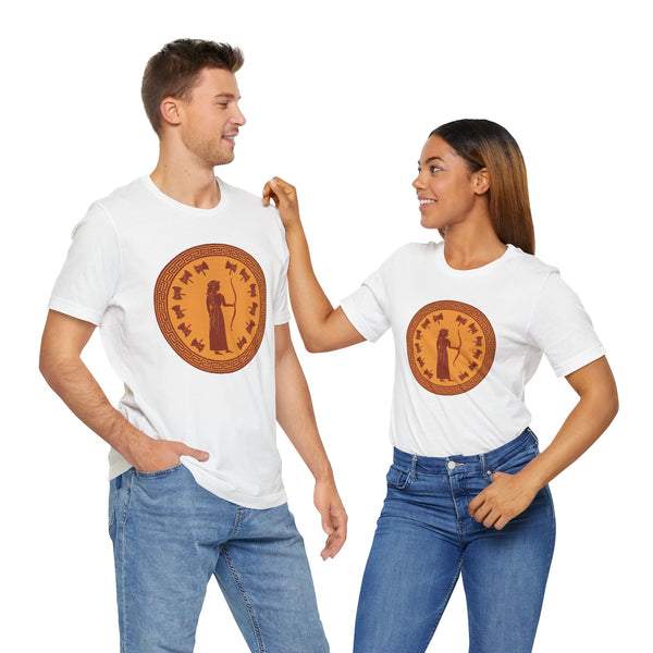 White crewneck T-shirts with circular bronze queen graphic, couple wearing