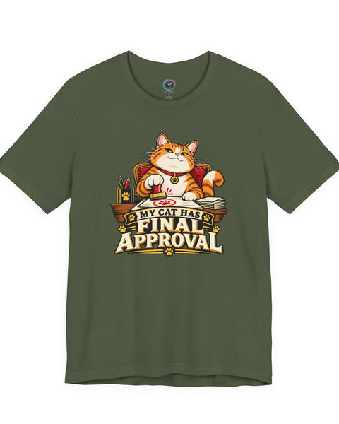 Dark green T-shirt with cartoon orange cat boss graphic and “Final Approval” text